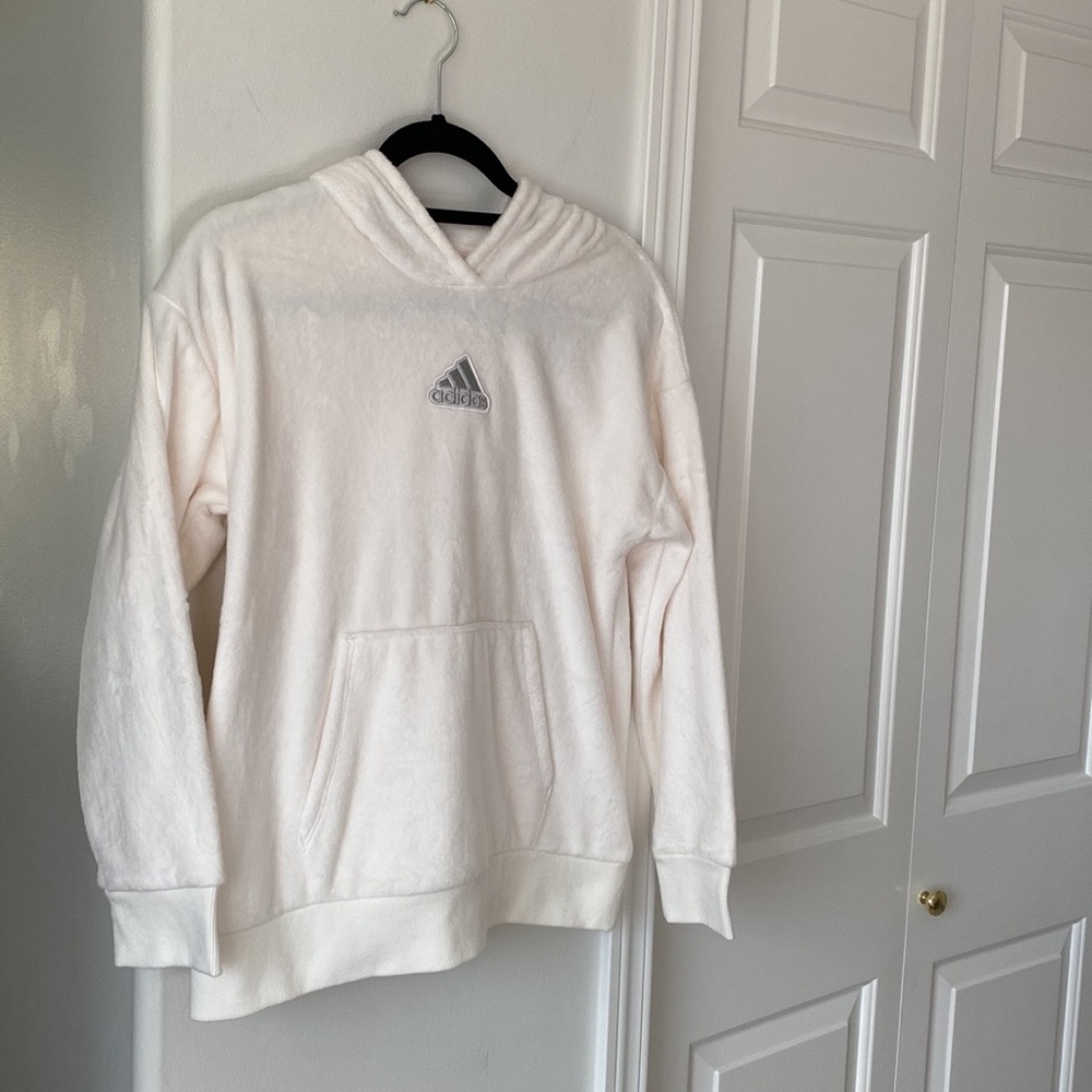 Adidas - Soft & Furry Ivory Sweatshirt/Hoodie With Logo Embroidered For Girls